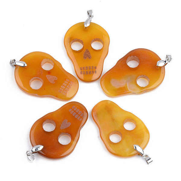 

PandaHall Halloween Themed Natural Agate Big Pendants, with Platinum Plated Brass Pinch Bail, Dyed, Skull, Orange, 50~53x35~36x5~6mm, Hole...