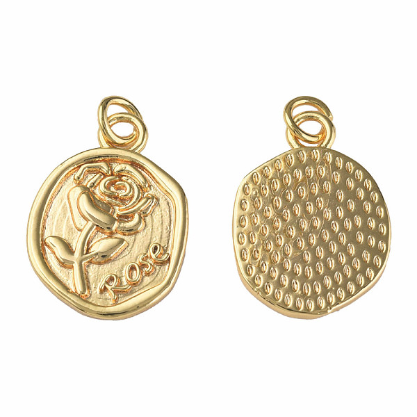 

PandaHall Brass Pendants, with Jump Rings, Nickel Free, Flat Round with Rose & Word Rose, Real 18K Gold Plated, 21x15x2mm, Jump Ring: 5x1mm...