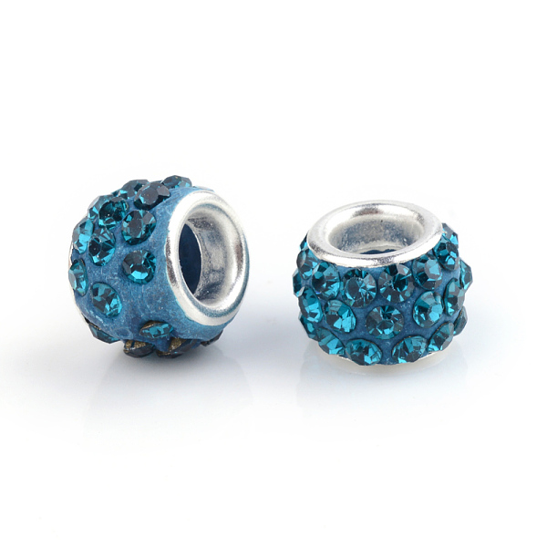 

PandaHall Polymer Clay Rhinestone European Beads, Large Hole Beads, Rondelle, with Silver Color Plated Brass Cores, Blue Zircon, 10~12x7~8mm..., Cyan