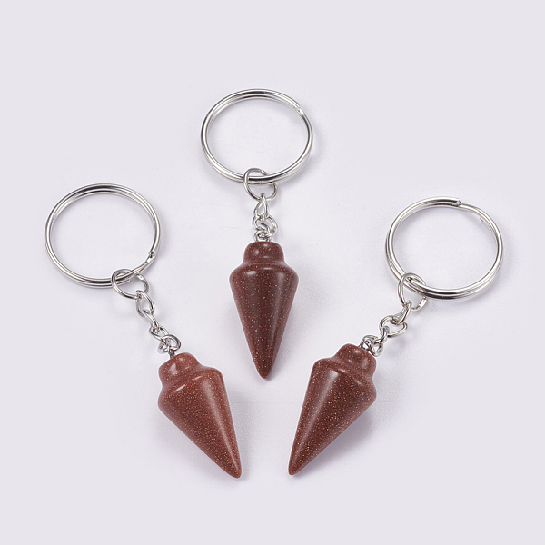 

PandaHall Synthetic Goldstone Keychain, with Iron Key Rings, Platinum, 78mm, Pendant: 32x14mm Goldstone Cone