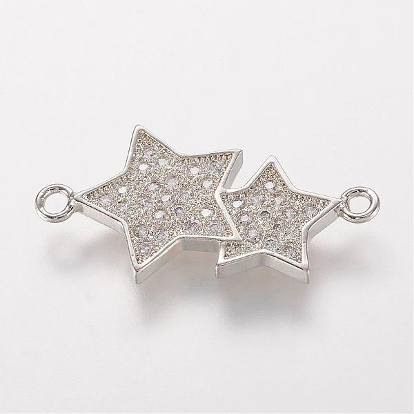 PandaHall Brass Micro Pave Cubic Zirconia Links, Star, Platinum, 25x13x2mm, Hole: 1mm Brass+Cubic Zirconia Star