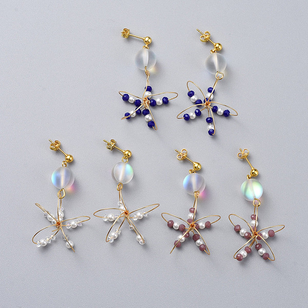 

PandaHall Dangle Stud Earrings, with Brass Stud Earrings Findings, Glass, Synthetic Moonstone Beads, Earring Backs and Cardboard Box, Flower..., Multicolor