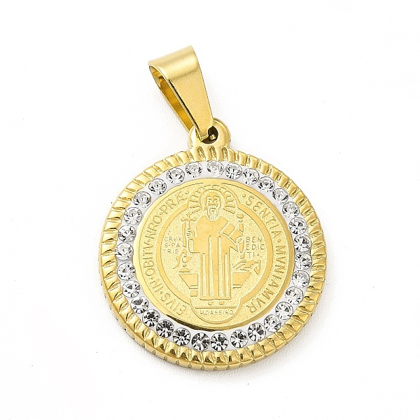

PandaHall Vacuum Plating 304 Stainless Steel Pendants, with Crystal Polymer Clay Rhinestone, Flat Round with Saint Benedict Medal, Golden..., Clear