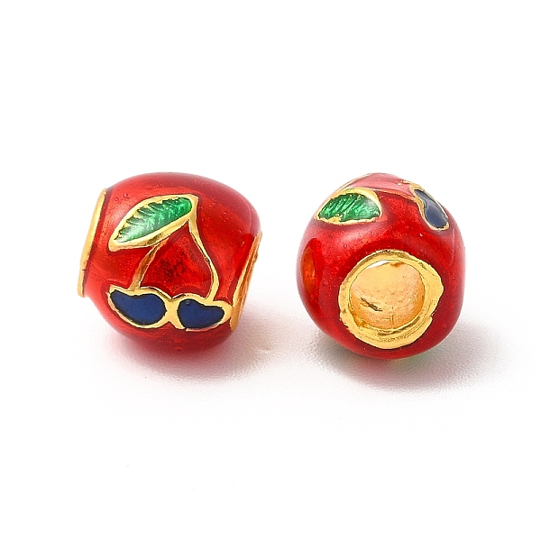 

PandaHall Rack Plating Alloy Enamel European Beads, Large Hole Bead, Drum Bead with Cherry, Matte Gold Color, Red, 9.5x9x10mm, Hole: 4mm...