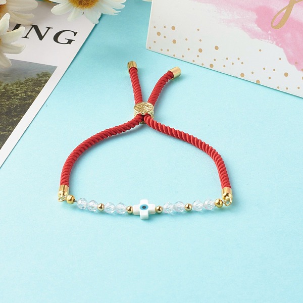 

PandaHall Adjustable Cubic Zirconia Beads Nylon Thread Slider Bracelets, with Natural White Shell and Synthetic Turquoise, Cross with Evil..., Red