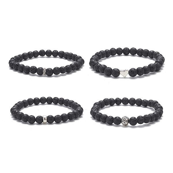 

PandaHall 4Pcs 4 Style Heart & Round & Flat Round Alloy & Natural Lava Rock Beaded Stretch Bracelets Set for Women, Inner Diameter: 2-1/4...