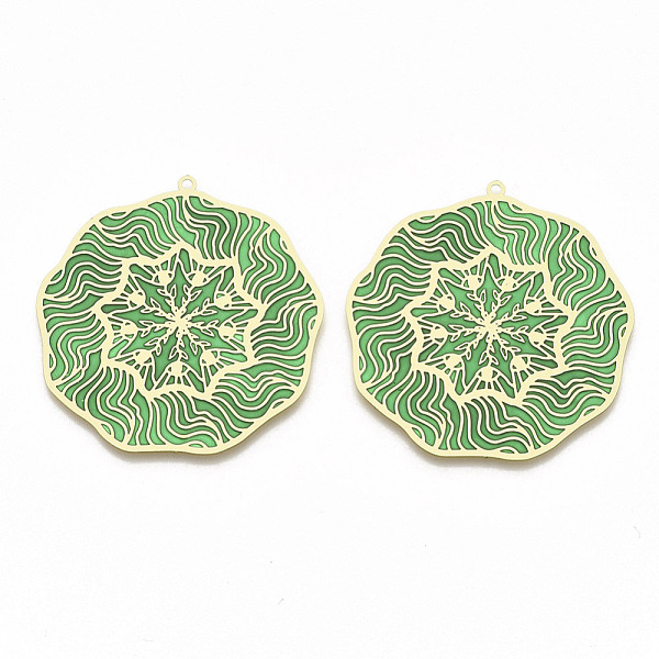 

PandaHall Brass Enamel Pendants, Etched Metal Embellishments, Matte Gold Color, Flower, Medium Sea Green, 42x40x0.3mm, Hole: 1.5mm...