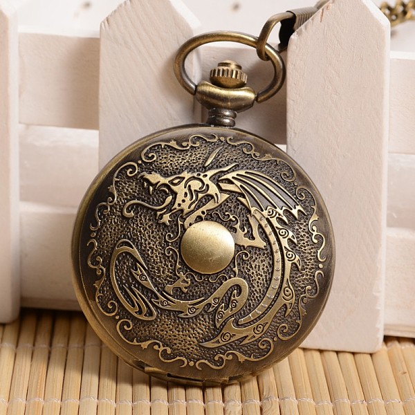 

PandaHall Openable Flat Round with Dragon Alloy Glass Pendant Pocket Watch, with Iron Chain, Quartz Watch, Antique Bronze, 355mm, Watch Head...