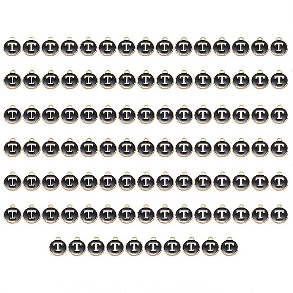 

PandaHall Golden Plated Enamel Alloy Charms, Enamelled Sequins, Flat Round, Black, Letter.T, 14x12x2mm, Hole: 1.5mm, 100pcs/Box Alloy+Enamel...