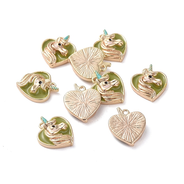PandaHall Brass Charms, with Enamel, Heart with Unicorn, Real 18K Gold Plated, Olive, 13.2x11.3x3.4mm, Hole: 1mm Brass+Enamel Heart Green