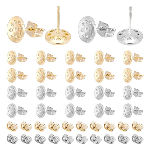 

PandaHall BENECREAT 20 Pairs 2 Color Brass Stud Earring Findings, Sieve Flat Round Earring Settings, with 40Pcs Friction Ear Nuts, Platinum...