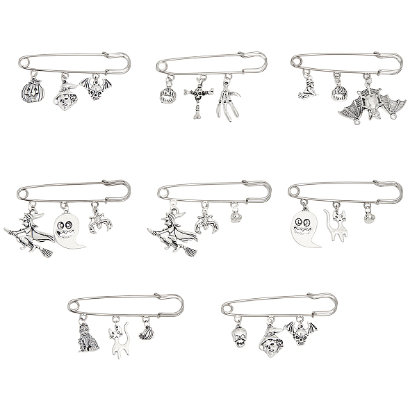 

PandaHall SUPERFINDINGS 8Pcs 8 Style Halloween Pumpkin & Skull & Witch & Cat Zinc Alloy Charms Safety Pin Brooches Set, Iron Lapel Pins for...