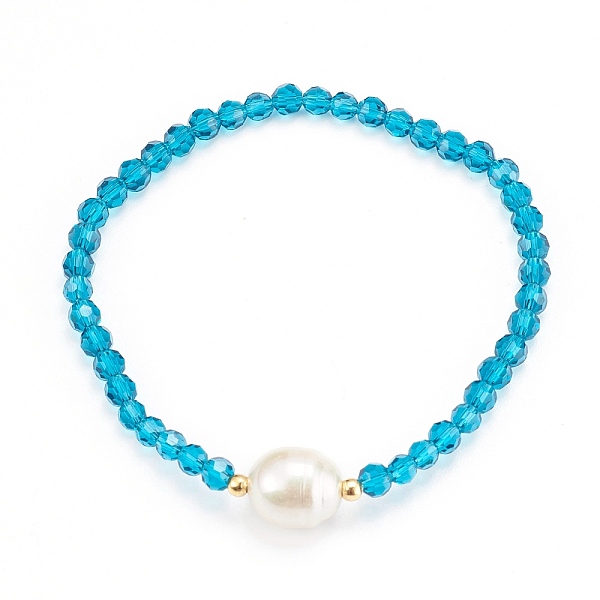 

PandaHall Faceted Round Glass Beaded Stretch Bracelets, with Acrylic Beads and 304 Stainless Steel Beads, Deep Sky Blue, Inner Diameter...