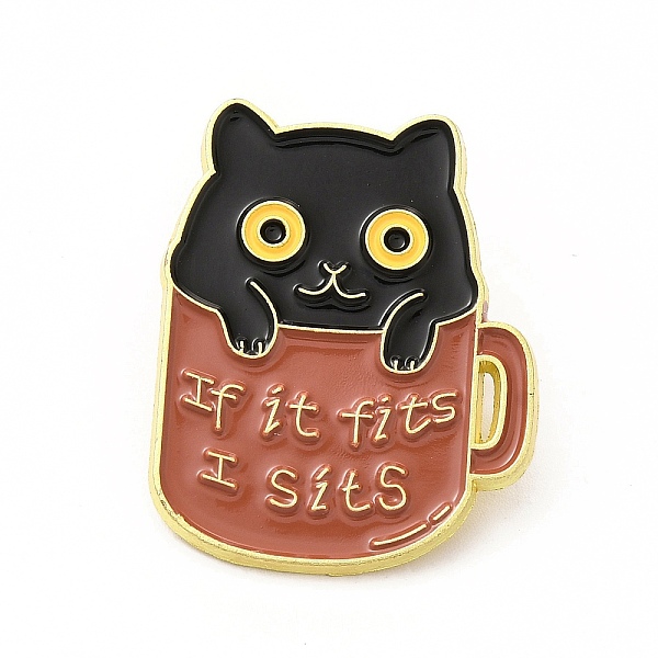 PandaHall Cat with Word Enamel Pin, Golden Alloy Brooch for Backpack Clothes, Tableware, 30x24x1.5mm Alloy+Enamel Tableware Black
