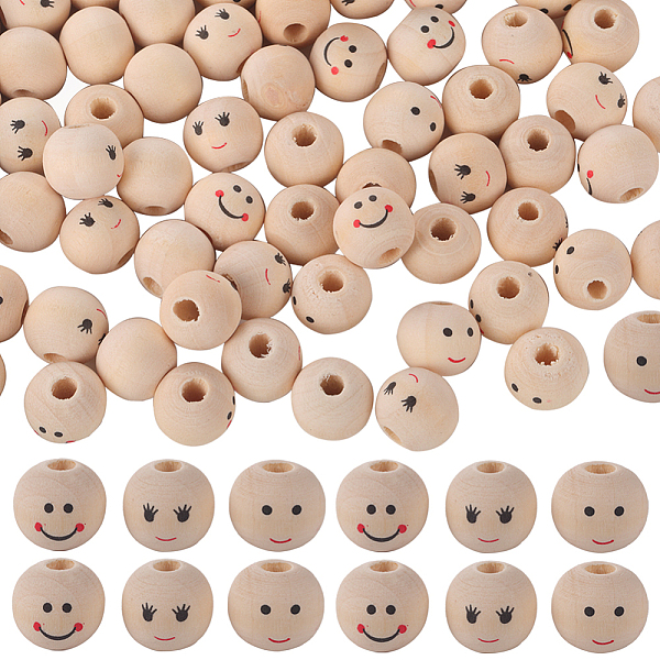 

PandaHall GORGECRAFT 150Pcs 3 Styles Smile Wooden Beads 12mm Smile Face Wood Spacer Beads Natural Round Ball Doll Head Beads with 2.9mm Hole..., Orange