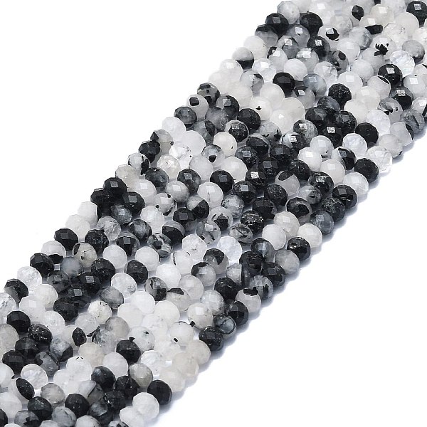 PandaHall Natural Black Rutilated Quartz Beads Strands, Faceted, Rondelle, 6x4mm, Hole: 1mm, about 85~90pcs/strand, 15.55 inch(39.5cm)