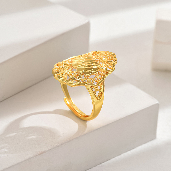 

PandaHall European Style Wheat Lucky Adjustable Cuff Ring, Brass Hollow Oval Wedding Jewelry for Women, Real 18K Gold Plated Brass