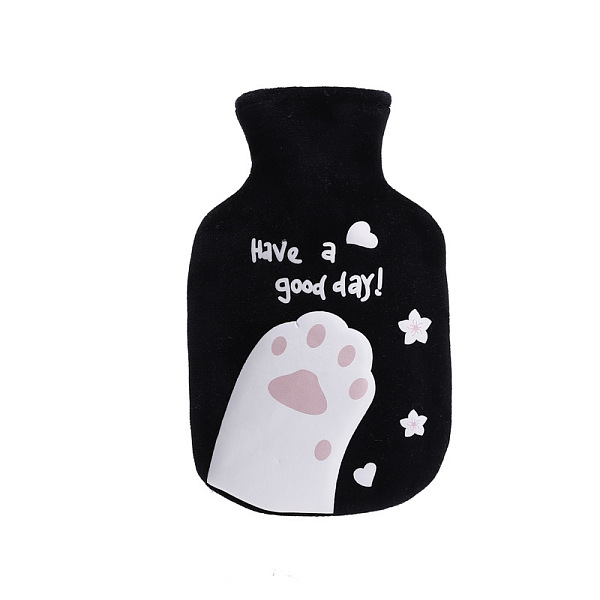 PandaHall Cat Paw Print Rubber Hot Water Bottles, with with Soft Fluffy Cover, Hot Water Bag, Black, 187x110mm, Capacity: 350ml Rubber Black