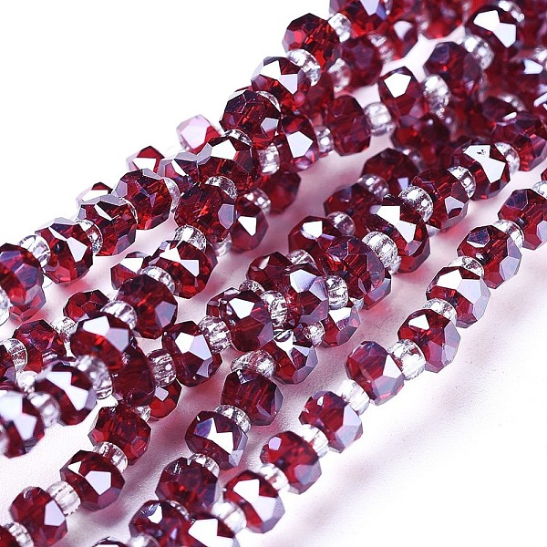 

PandaHall Glass Beads Strands, Faceted, Rondelle, Dark Red, 4x2.5mm, Hole: 0.8mm, about 150pcs/strand, 23.6 inch(60cm) Glass Rondelle Red