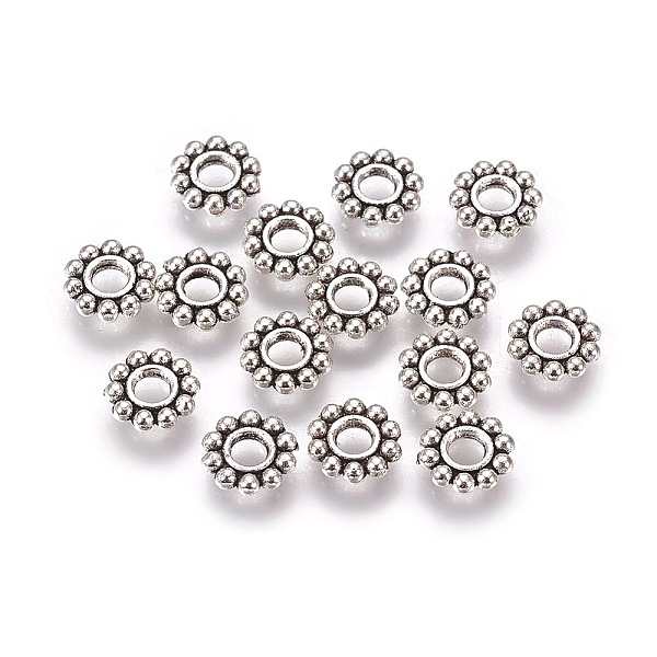 

PandaHall Tibetan Style Alloy Daisy Spacer Beads, Flower, Antique Silver, 6.5x1.5mm, Hole: 2mm Alloy Flower
