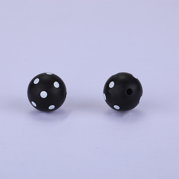 

PandaHall Printed Round with Polka Dot Pattern Silicone Focal Beads, Black, 15x15mm, Hole: 2mm Silicone Round Black