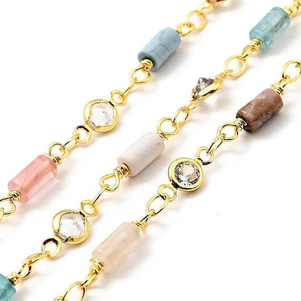

PandaHall Natural Mixed Gemstone Column & Clear Cubic Zirconia Flat Round Link Chain, with Brass Findings, Soldered, with Spool, Lead Free &...