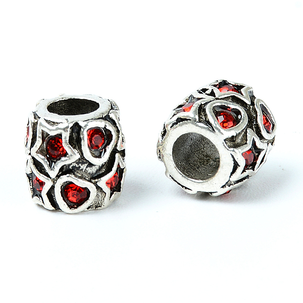 

PandaHall Zinc Alloy Rhinestone European Beads, Large Hole Beads, Rondelle, Antique Silver, Light Siam, 10x10mm, Hole: 4.5mm..., Red