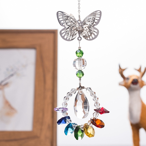 

PandaHall Metal Hanging Ornaments, Octagon Teardrop Glass Charm Suncatchers for Garden Outdoor Decorations, Butterfly, 315mm Glass Butterfly