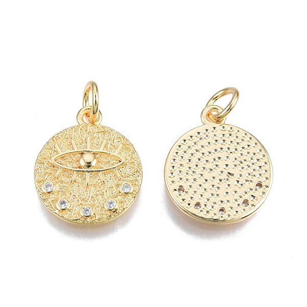 

PandaHall Brass Pave Cubic Zirconia Pendants, with Jump Rings, Nickel Free, Real 18K Gold Plated, Flat Round with Eye, Clear, 18x15.5x2mm...