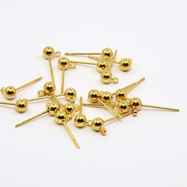 

PandaHall Brass Ball Post Ear Studs, Stud Earring Findings, with Loop, Golden, 15x4mm, Hole: 1mm Brass Round