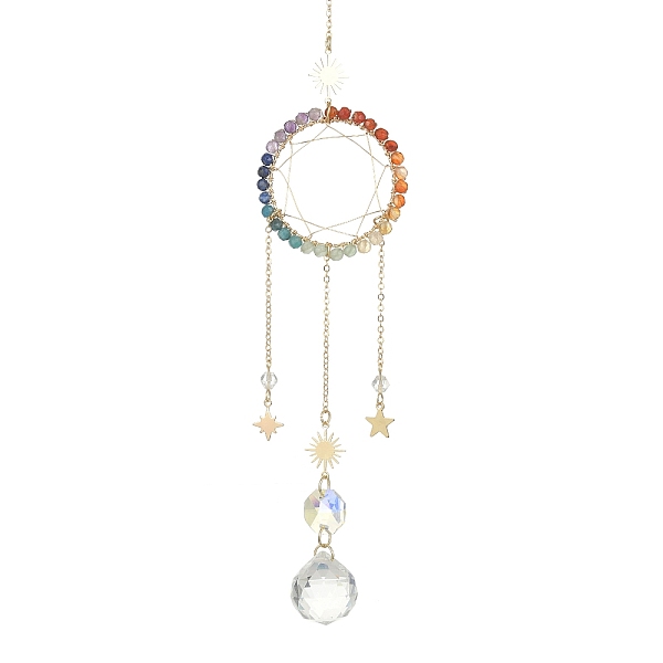 

PandaHall Wire Wrapped Chakra Gemstone & Brass Pendant Decorations, with Glass Charm, For Home Decorations, Ring, 300mm Gemstone Ring Clear