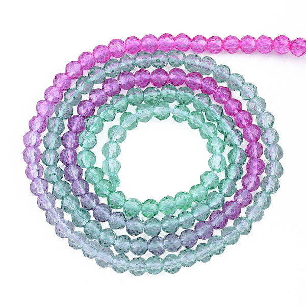 

PandaHall Transparent Glass Beads Strands, Segmented Multi-color Beads, Faceted Round, Orchid, 3mm, Hole: 0.7mm, about 136~139pcs/strand..., Purple