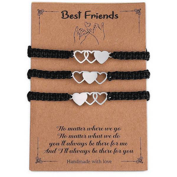 

PandaHall 3Pcs 3 Style Stainless Steel Heart Link Bracelets Set, Nylon Cord Adjustable Bracelets for Best Friends Family, Black, Inner...