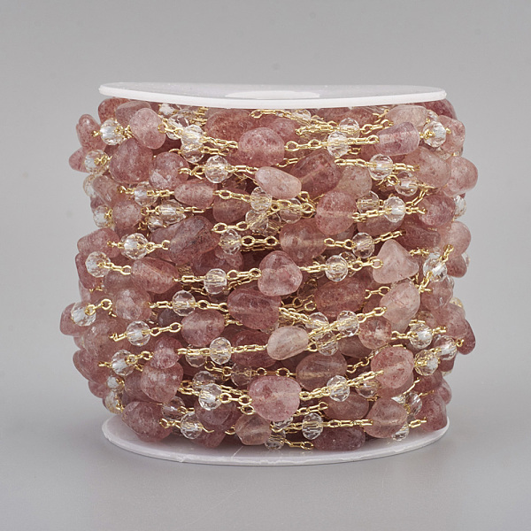 

PandaHall Handmade Natural Strawberry Quartz Beaded Chains, with Rondelle Glass Beads and Brass Cable Chains, Long-Lasting Plated, Unwelded..., Clear