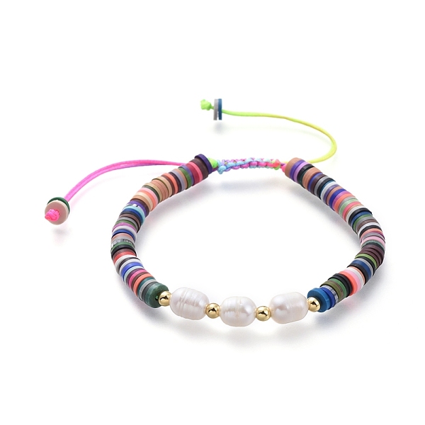 

PandaHall Adjustable Nylon Thread Braided Bead Bracelets, with Natural Cultured Freshwater Pearls and Handmade Polymer Clay Beads, Brass...