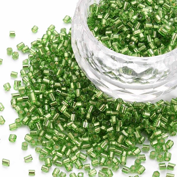 

PandaHall Glass Bugle Beads, Silver Lined, Lime Green, 1.8~2.2x1.8~2mm, Hole: 0.8~0.9mm, about 15000pcs/pound Glass