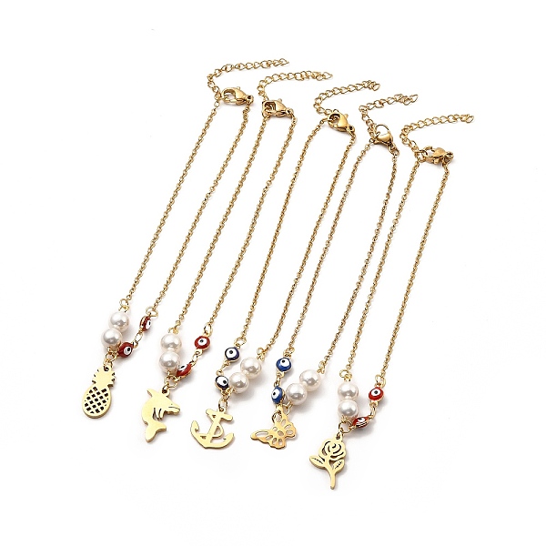 

PandaHall CCB Pearl & Enamel Evil Eye Beaded Link Anklet, Golden 304 Stainless Steel Charms Anklet for Women, Mixed Patterns, Pendant..., Multicolor