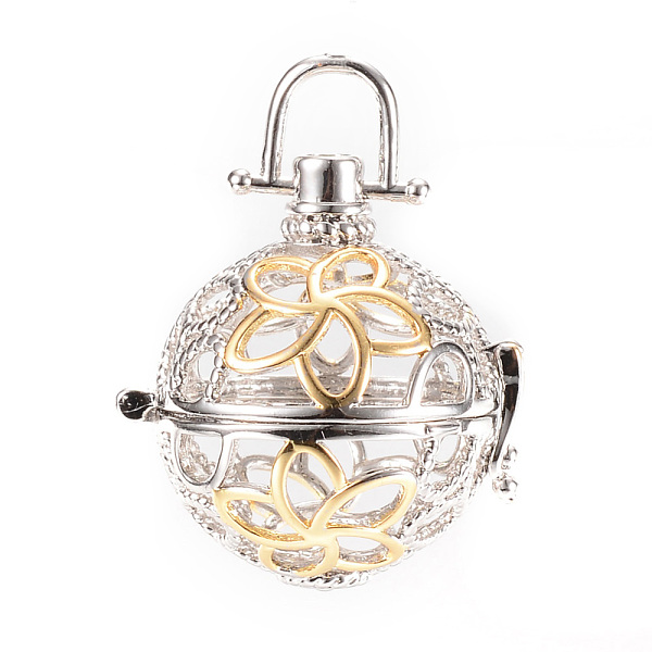 PandaHall Rack Plating Brass Cage Pendants, For Chime Ball Pendant Necklaces Making, Hollow Round with Flower, Platinum & Golden, 30x28x24mm...
