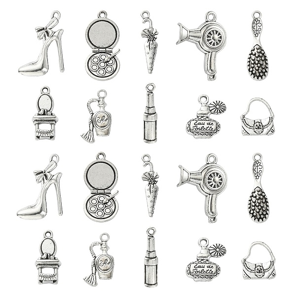 

PandaHall 100Pcs 10 Styles Tibetan Style Alloy Pendants, 3D Paddle Hair Brush & Lipstick & Handbag & Umbrella, Antique Silver...