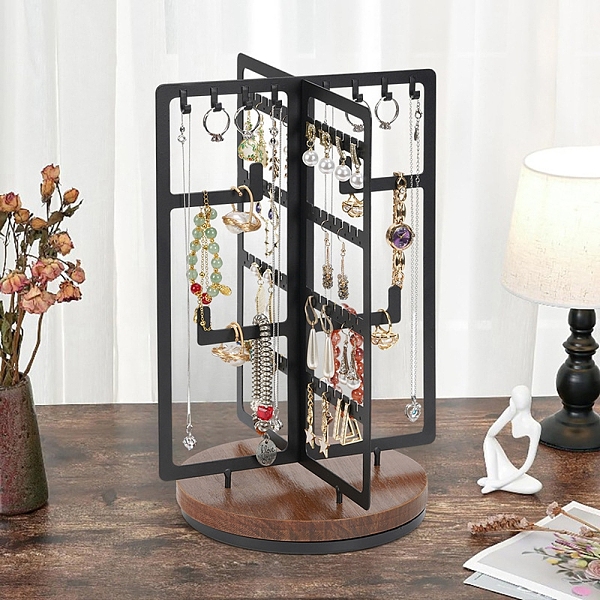 

PandaHall Rotatable Iron Jewelry Display Rack, Jewelry Stand, For Hanging Necklaces Earrings Bracelets, with Wood Base, Black, 22x32.3cm...