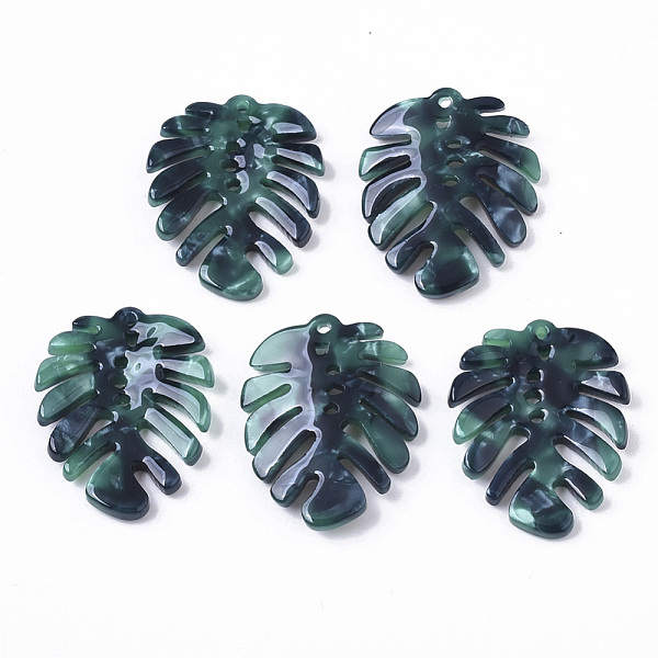 PandaHall Cellulose Acetate(Resin) Pendants, Tropical Leaf Charms, Monstera Leaf, Dark Cyan, 27x22x4mm, Hole: 1.4mm Resin Leaf Cyan