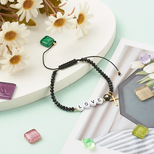 

PandaHall Love Heart Braided Bead Bracelet for Girl Women, Acrylic & Natural Malaysia Jade(Dyed) Beads Energy Bracelet, Cross 304 Stainless..., Black