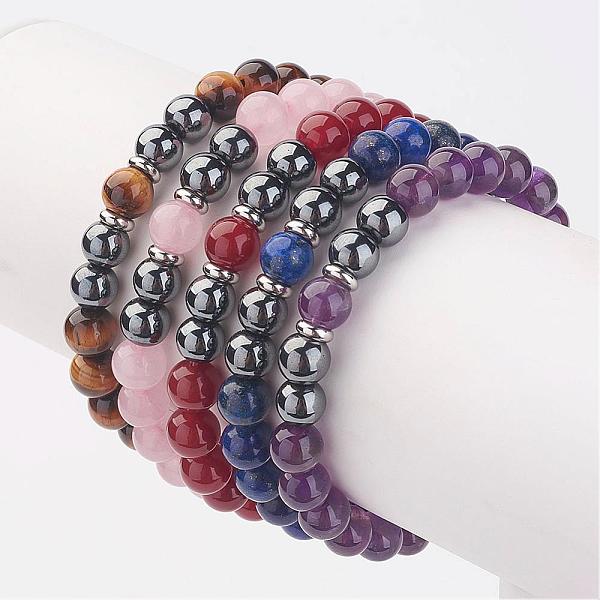 

PandaHall Non-Magnetic Synthetic Hematite Beaded Stretch Bracelets, with Natural Mixed Stone Beads, Stainless Steel Color, 55mm Mixed Stone