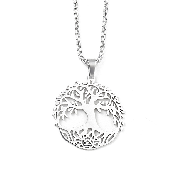 

PandaHall 201 Stainless Steel Pendant Necklaces for Man, Tree with Flat Round with Tree of Life, Stainless Steel Color, 23.62 inch(60cm)...