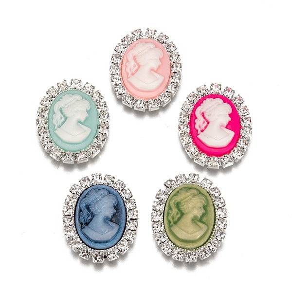

PandaHall Resin Cameo Cabochons, with Brass & Rhinestone, Oval with Lady Head Portrait, Silver Color Plated, Mixed Color, 24x19.5x5mm Resin..., Multicolor