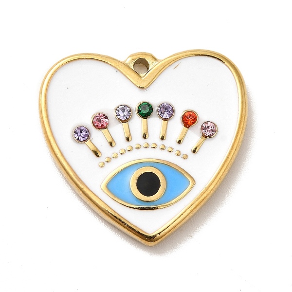 

PandaHall Ion Plating(IP) 304 Stainless Steel Rhinestone Pendants, with Enamel, Golden, Heart with Eye, White, 23x24x3.5mm, Hole: 1.6mm...