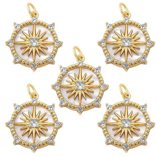 

PandaHall 5Pcs Brass Micro Pave clear Cubic Zirconia Pendants, with Shell and Jump Rings, Nickel Free, Flat Round with Star, Real 16K Gold...