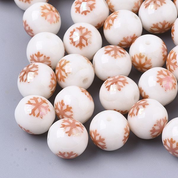 

PandaHall Christmas Opaque Glass Beads, Round with Electroplate Snowflake Pattern, Rainbow Plated, 10mm, Hole: 1.2mm Glass Snowflake White