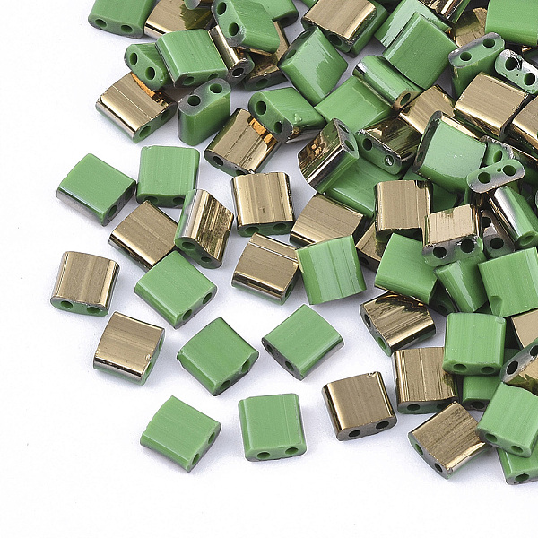 

PandaHall 2-Hole Glass Seed Beads, Half Golden Plated Colours, Square, Light Green, 5x4.5~5.5x2~2.5mm, Hole: 0.5~0.8mm, about 1180pcs/bag...