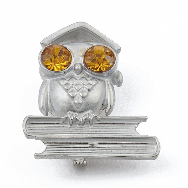 PandaHall Rhinestone Owl Doctor Brooch Pin, Alloy Badge for Backpack Clothes, Platinum, 37.7x33.5x15mm Alloy+Rhinestone Owl Yellow